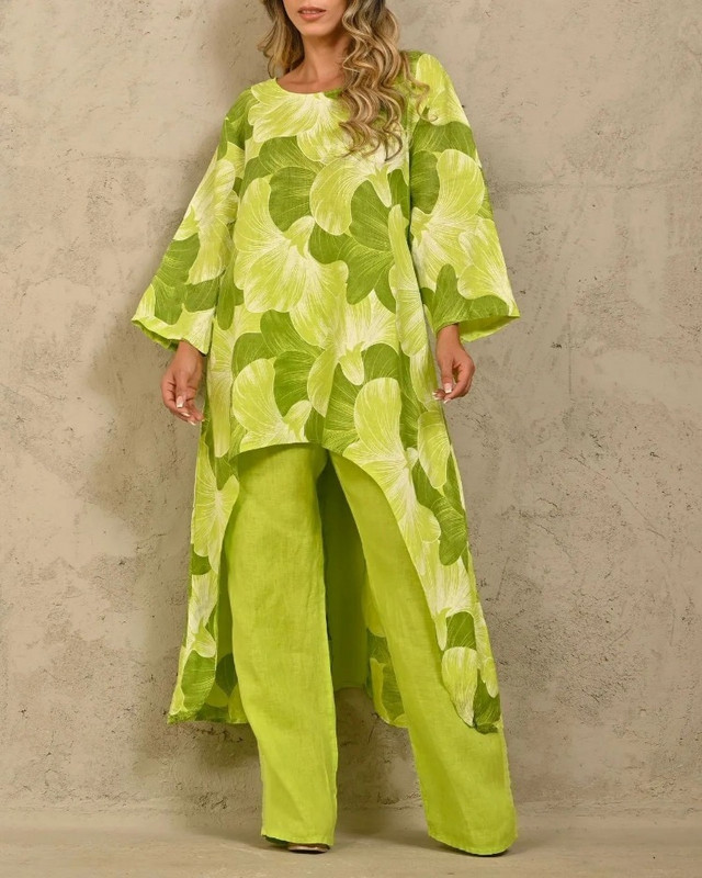 2023 Casual καλοκαιρινό φθινόπωρο γυναικείο σετ Floral εμπριμέ με λαιμόκοψη ακανόνιστη μπλούζα με ακανόνιστο στρίφωμα + φαρδύ παντελόνι σετ δύο τεμαχίων