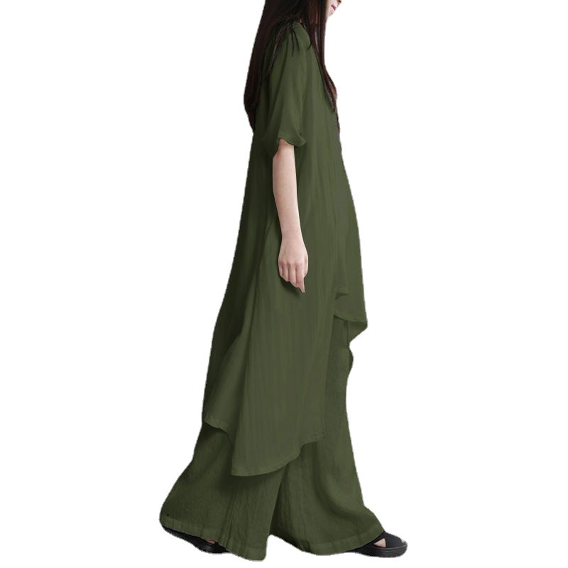 2023. aasta suvised vabaaja naiste komplektid ühevärvilised poolvarrukatega ebakorrapärase kandiga pikk pluus, laia säärega püksid, vintage kaheosalised komplektid