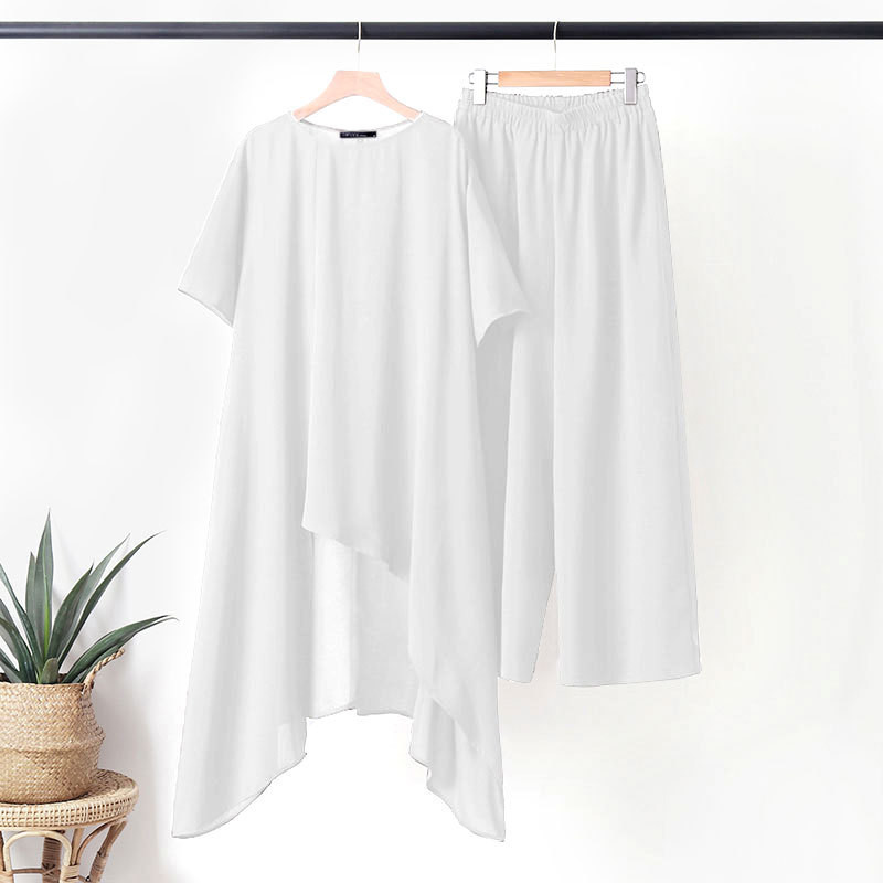 2023. aasta suvised vabaaja naiste komplektid ühevärvilised poolvarrukatega ebakorrapärase kandiga pikk pluus, laia säärega püksid, vintage kaheosalised komplektid