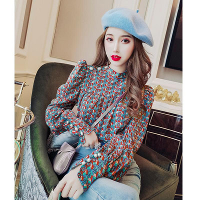 Uus saabumine Korea O-kaelusega puhvis varrukatega naiste pluusid Vintage printiga moodsad šifoonsärgid 2020 šikk tänavarõivas Blusas Mujer