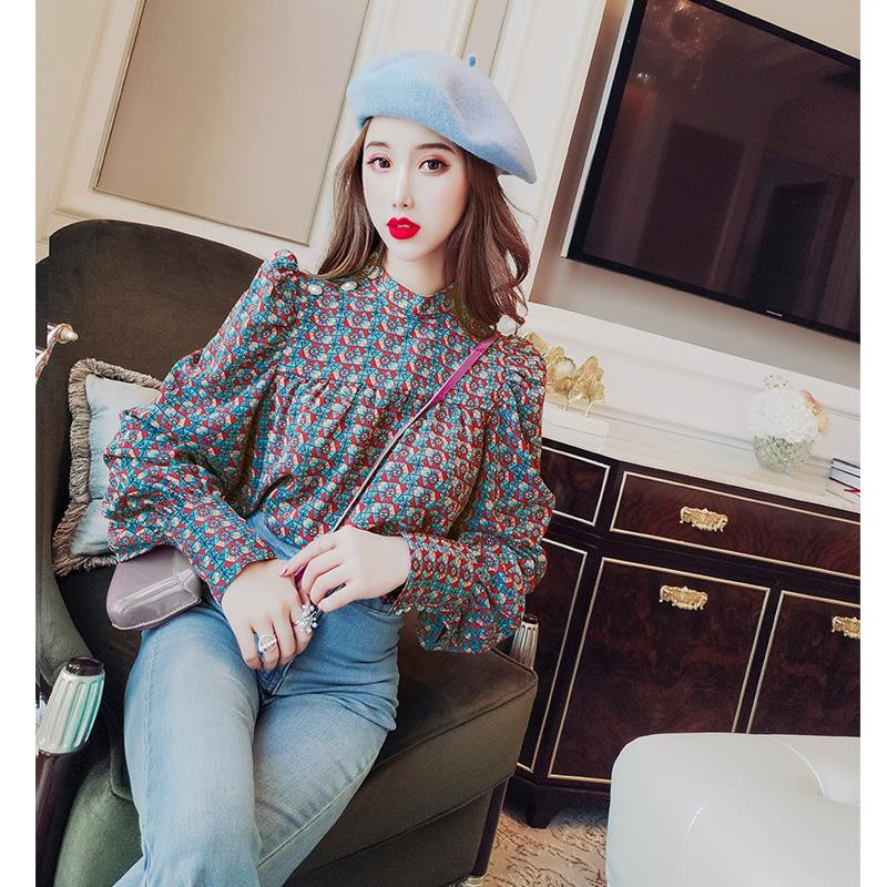 Novi dolazak, korejske ženske bluze s puf rukavima s O izrezom, modne šifonske košulje s starinskim printom, 2020. Chic Streetwear Blusas Mujer