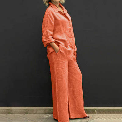 Kaheosalised komplektid Moodsad ühevärvilised, pikkade varrukatega revääriga üherealine särk kõrge vöökohaga laia säärega püksid, kostüümid, vabad komplekt