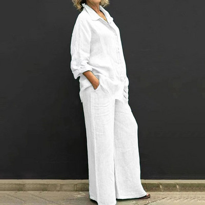 Kaheosalised komplektid Moodsad ühevärvilised, pikkade varrukatega revääriga üherealine särk kõrge vöökohaga laia säärega püksid, kostüümid, vabad komplekt