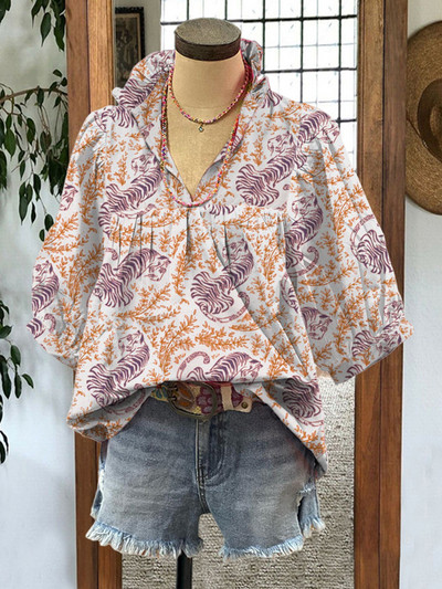 Sieviešu tīģera maisījuma krekls ar augu apdruku Smieklīga havajiešu blūze vasaras brīvdienu pludmales topi Sieviešu šifona seksīga leoparda tops