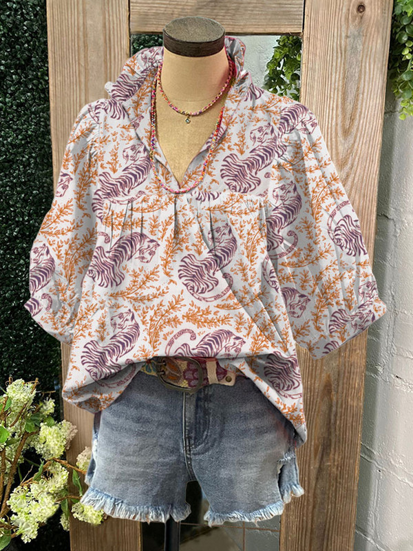 Naine Tiger Mix Taimse mustriga särk Naljakas Hawaii pluus Suvepuhkuse rannatopsid Naiste šifoonist seksikas leopardtop