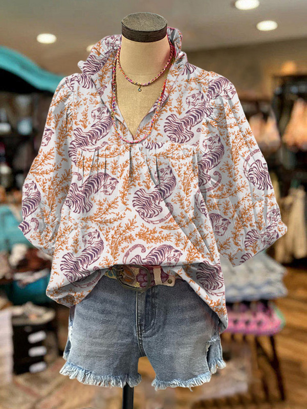 Naine Tiger Mix Taimse mustriga särk Naljakas Hawaii pluus Suvepuhkuse rannatopsid Naiste šifoonist seksikas leopardtop