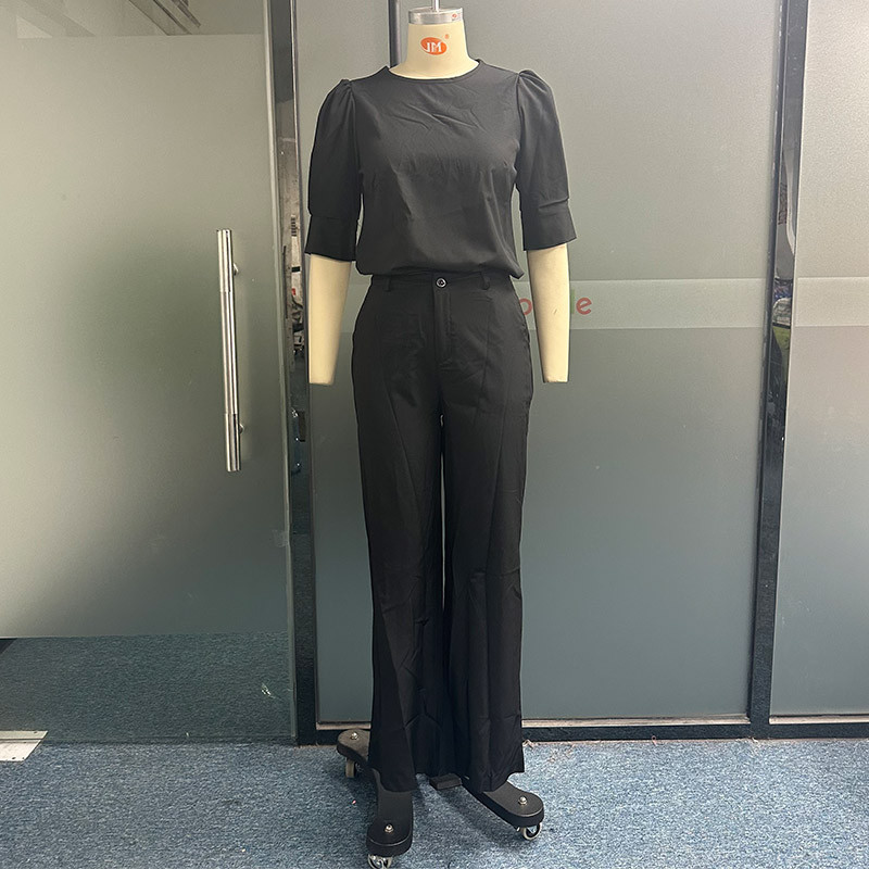 Waytobele Set de două piese pentru femei, ocazional de vară, cu mâneci scurte, cu gât rotund, cu buzunare, pantaloni, îmbrăcăminte de stradă