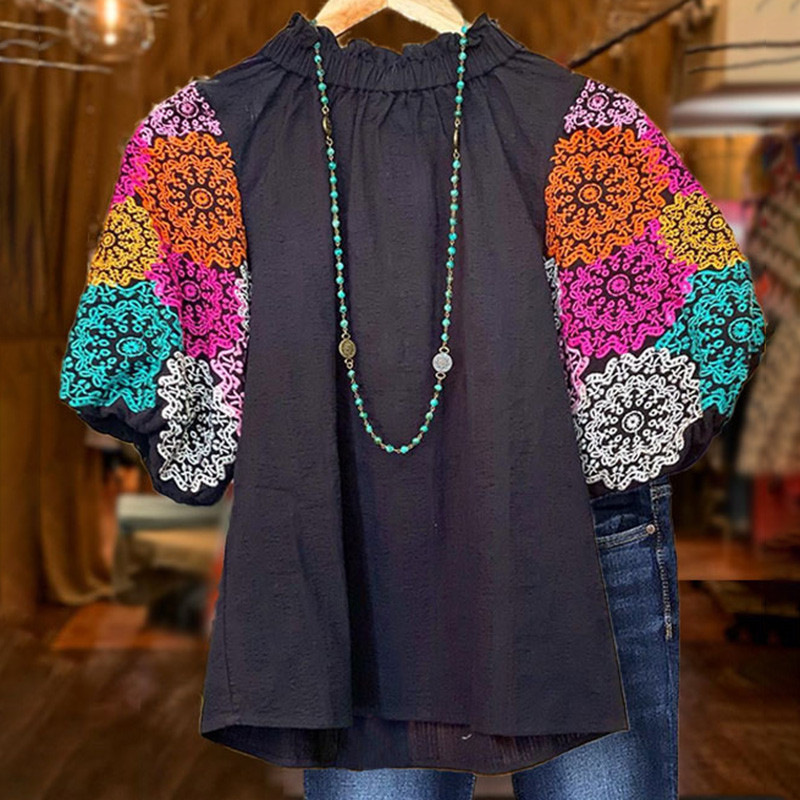 Dámska elegantná kvetinová potlač s nafúknutými rukávmi a výstrihom do O-krku, jarná letná kancelárska luxusná košeľa, vintage nadrozmerné ležérne topy, tuniky