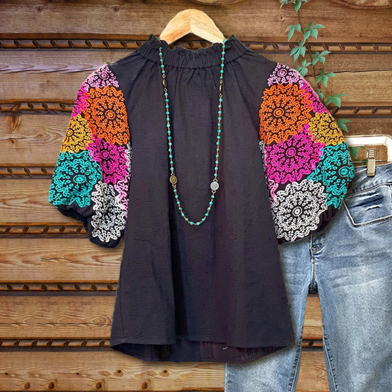 Dámska elegantná kvetinová potlač s nafúknutými rukávmi a výstrihom do O-krku, jarná letná kancelárska luxusná košeľa, vintage nadrozmerné ležérne topy, tuniky