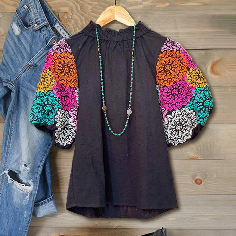 Dámska elegantná kvetinová potlač s nafúknutými rukávmi a výstrihom do O-krku, jarná letná kancelárska luxusná košeľa, vintage nadrozmerné ležérne topy, tuniky