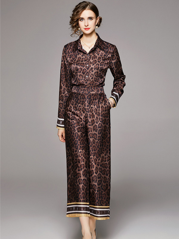 Proljeće ljeto Svileno dvodijelno odijelo s leopard printom Ženska prevelika majica bluza dugih rukava + komplet hlača širokih nogavica do gležnja