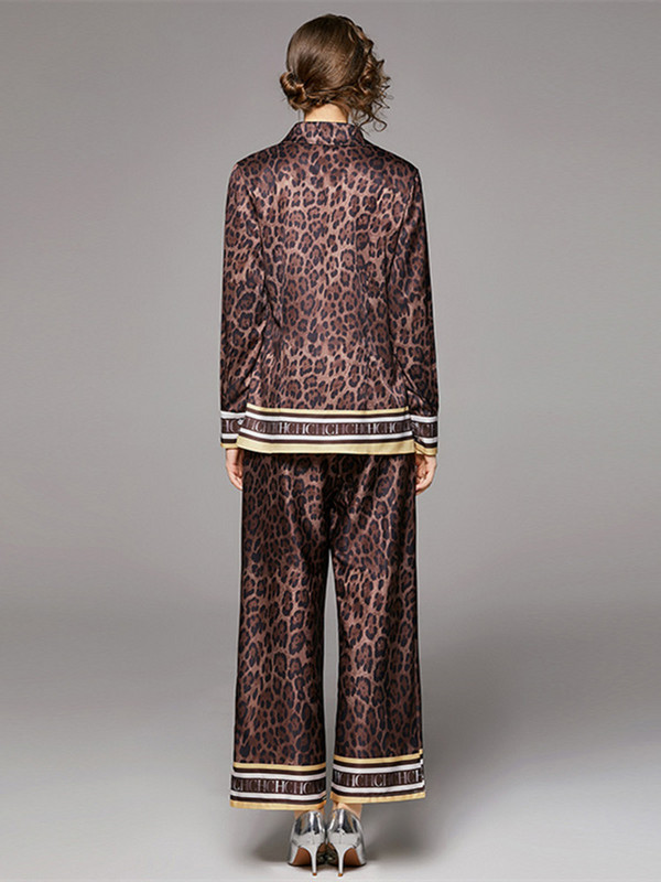 Proljeće ljeto Svileno dvodijelno odijelo s leopard printom Ženska prevelika majica bluza dugih rukava + komplet hlača širokih nogavica do gležnja