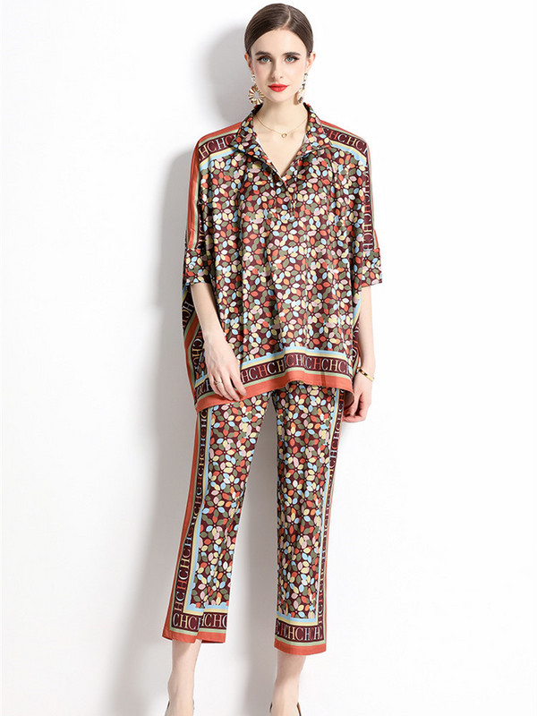 Proljeće ljeto Svileno dvodijelno odijelo s leopard printom Ženska prevelika majica bluza dugih rukava + komplet hlača širokih nogavica do gležnja