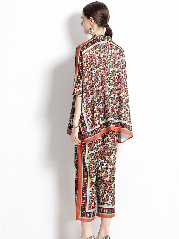 Proljeće ljeto Svileno dvodijelno odijelo s leopard printom Ženska prevelika majica bluza dugih rukava + komplet hlača širokih nogavica do gležnja