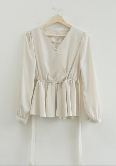 Cămăși de bază de damă Bluze cu mânecă lungă Talie subțire A linie cu burtă Design peplum Topuri Roz Drăguț Dulce Coreea Japonia Haine 10418