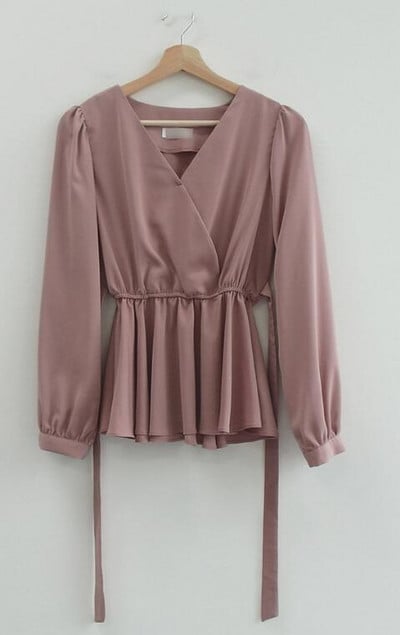 Cămăși de bază de damă Bluze cu mânecă lungă Talie subțire A linie cu burtă Design peplum Topuri Roz Drăguț Dulce Coreea Japonia Haine 10418