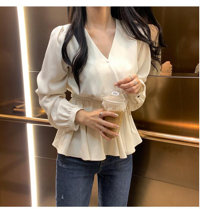 Cămăși de bază de damă Bluze cu mânecă lungă Talie subțire A linie cu burtă Design peplum Topuri Roz Drăguț Dulce Coreea Japonia Haine 10418