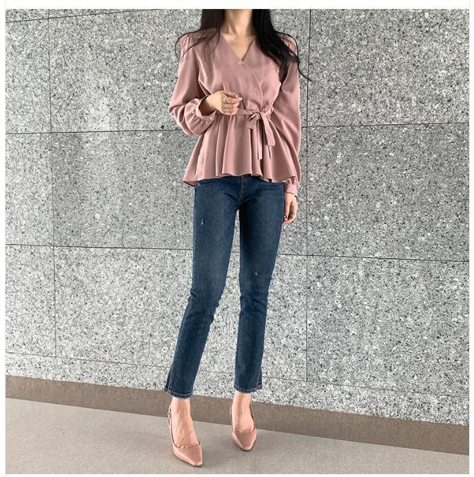 Cămăși de bază de damă Bluze cu mânecă lungă Talie subțire A linie cu burtă Design peplum Topuri Roz Drăguț Dulce Coreea Japonia Haine 10418