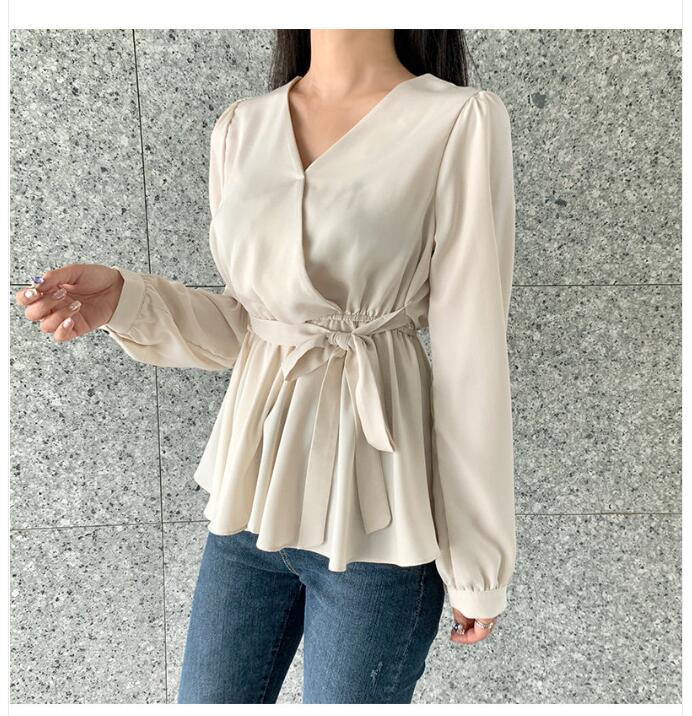 Cămăși de bază de damă Bluze cu mânecă lungă Talie subțire A linie cu burtă Design peplum Topuri Roz Drăguț Dulce Coreea Japonia Haine 10418