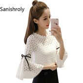Sanishroly 2018. proljeće ljeto Ženske bijele bluze Ležerne čipkane bluze s cvjetnim motivima Ženske majice s širokim rukavima s mašnom i gornjim dijelovima SE038