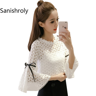 Sanishroly 2018. proljeće ljeto Ženske bijele bluze Ležerne čipkane bluze s cvjetnim motivima Ženske majice s širokim rukavima s mašnom i gornjim dijelovima SE038