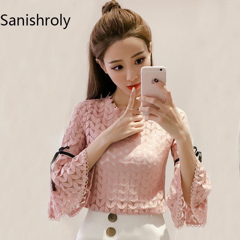 Sanishroly 2018. proljeće ljeto Ženske bijele bluze Ležerne čipkane bluze s cvjetnim motivima Ženske majice s širokim rukavima s mašnom i gornjim dijelovima SE038
