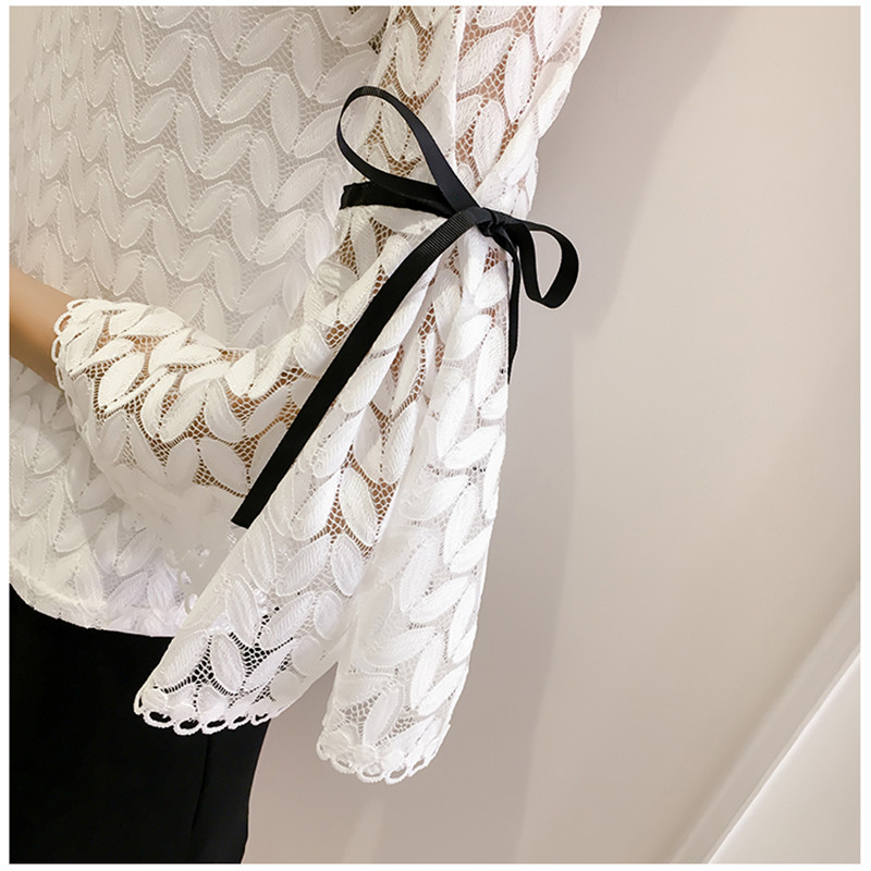 Sanishroly 2018. proljeće ljeto Ženske bijele bluze Ležerne čipkane bluze s cvjetnim motivima Ženske majice s širokim rukavima s mašnom i gornjim dijelovima SE038