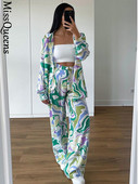 Női alkalmi nyomtatott ing szett, hosszú ujjú felső, magas derekú, széles szárú nadrág, kétrészes szett 2022-es női őszi és téli öltöny