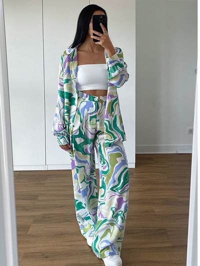 Női alkalmi nyomtatott ing szett, hosszú ujjú felső, magas derekú, széles szárú nadrág, kétrészes szett 2022-es női őszi és téli öltöny