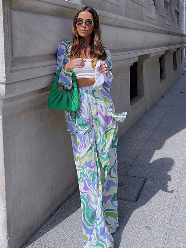 Női alkalmi nyomtatott ing szett, hosszú ujjú felső, magas derekú, széles szárú nadrág, kétrészes szett 2022-es női őszi és téli öltöny