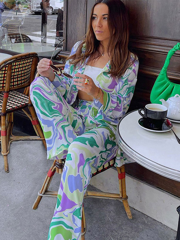 Női alkalmi nyomtatott ing szett, hosszú ujjú felső, magas derekú, széles szárú nadrág, kétrészes szett 2022-es női őszi és téli öltöny