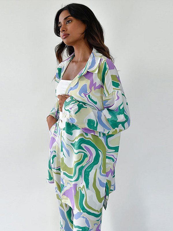 Női alkalmi nyomtatott ing szett, hosszú ujjú felső, magas derekú, széles szárú nadrág, kétrészes szett 2022-es női őszi és téli öltöny