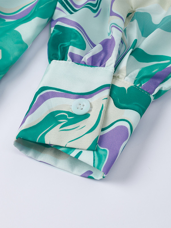 Női alkalmi nyomtatott ing szett, hosszú ujjú felső, magas derekú, széles szárú nadrág, kétrészes szett 2022-es női őszi és téli öltöny