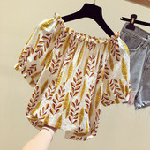 Dámske blúzky z kórejského štýlu, jarné letné šifónové blúzky, košele, dámske krátke rukávy s potlačou a lomeným výstrihom, 15108