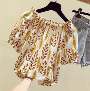 Dámske blúzky z kórejského štýlu, jarné letné šifónové blúzky, košele, dámske krátke rukávy s potlačou a lomeným výstrihom, 15108
