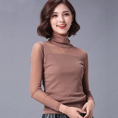 Sanishroly 2018. gada vasaras rudens sieviešu blūzes ar bruņurupuču blūzes slaidas, vienkrāsainas mežģīņu blūzes sievietēm ar garām piedurknēm tīklveida kreklu apakšdaļas SE105