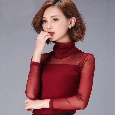 Sanishroly 2018. gada vasaras rudens sieviešu blūzes ar bruņurupuču blūzes slaidas, vienkrāsainas mežģīņu blūzes sievietēm ar garām piedurknēm tīklveida kreklu apakšdaļas SE105