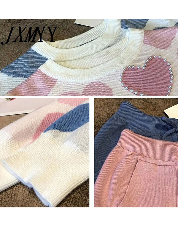 JXMYY Fashion Love Printed Tricotat Costum Două Piese Femei Pulover cu mânecă lungă Topuri și culori uni Pantaloni casual Costum pentru femei