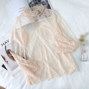 2019 Άνοιξη Καλοκαίρι Γυναικείες μπλούζες από διχτυωτές μπλούζες Γλυκά πουκάμισα με δαντέλα με λεπτό κάτω μέρος Γυναικείες μπλούζες με μανίκια με λάμψη Blusas AB1348