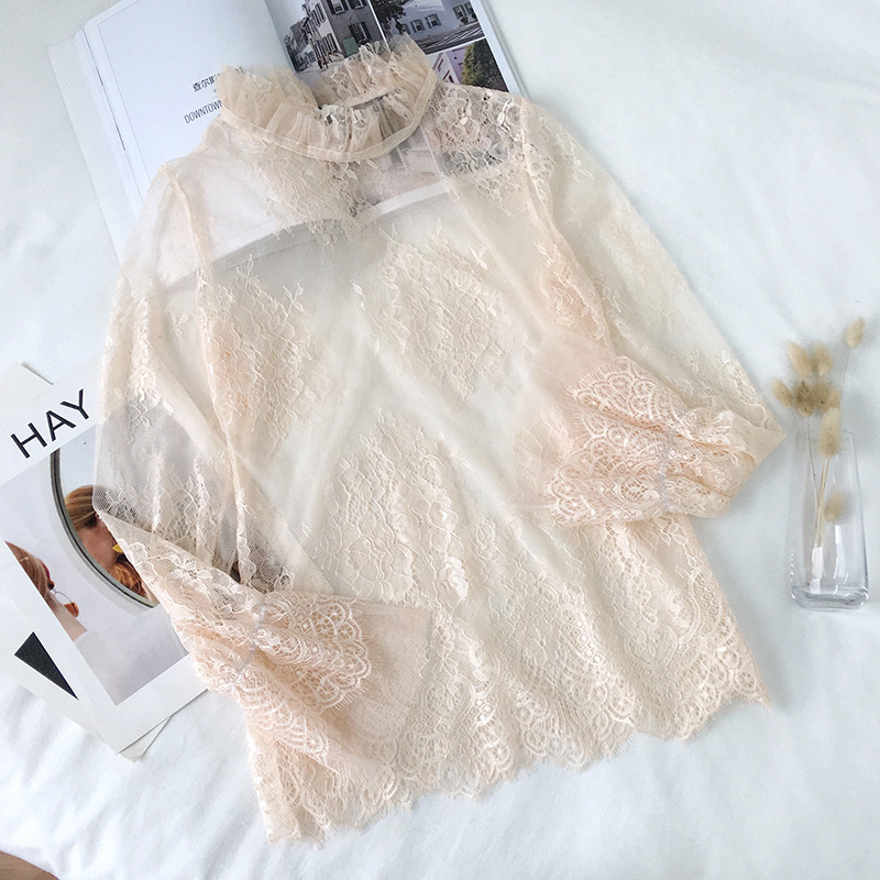 2019 Άνοιξη Καλοκαίρι Γυναικείες μπλούζες από διχτυωτές μπλούζες Γλυκά πουκάμισα με δαντέλα με λεπτό κάτω μέρος Γυναικείες μπλούζες με μανίκια με λάμψη Blusas AB1348