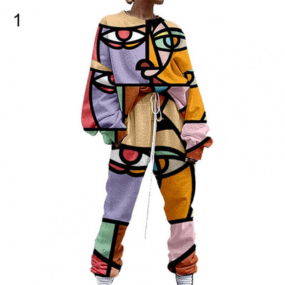 Športová súprava Pohodlná dámska tepláková súprava s abstraktnou potlačou a dlhým rukávom na šport