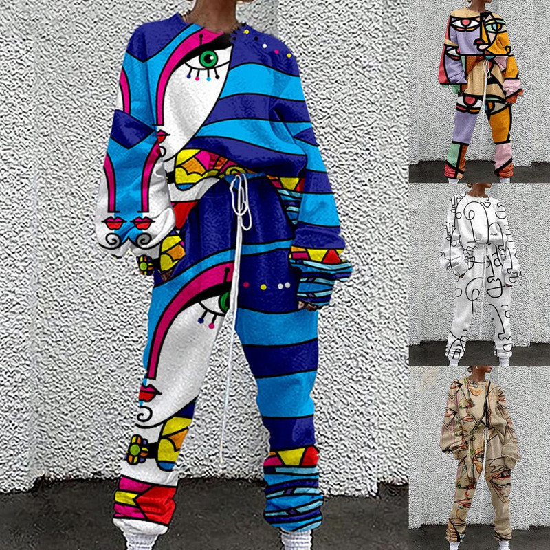 Športová súprava Pohodlná dámska tepláková súprava s abstraktnou potlačou a dlhým rukávom na šport