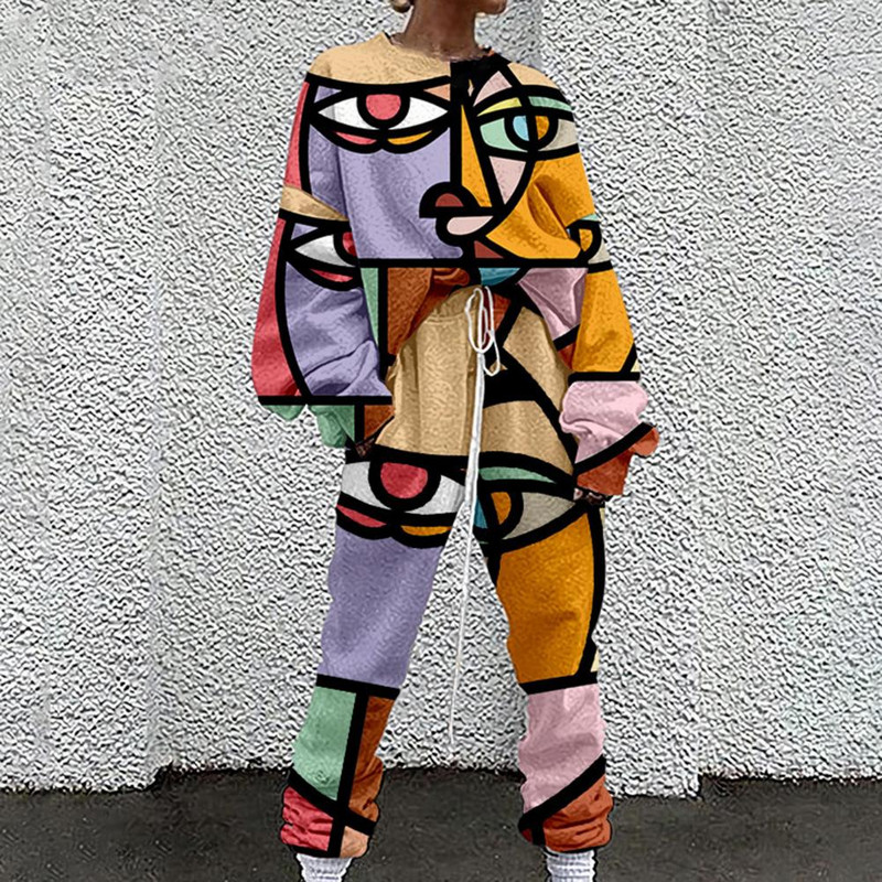 Športová súprava Pohodlná dámska tepláková súprava s abstraktnou potlačou a dlhým rukávom na šport