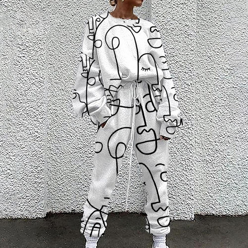 Športová súprava Pohodlná dámska tepláková súprava s abstraktnou potlačou a dlhým rukávom na šport