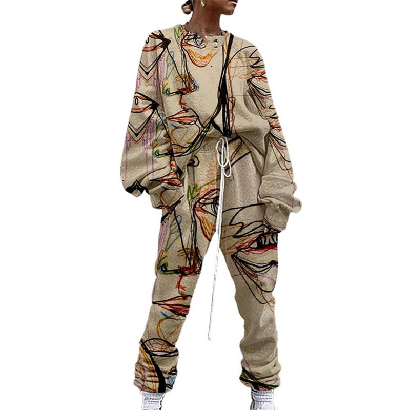 Športová súprava Pohodlná dámska tepláková súprava s abstraktnou potlačou a dlhým rukávom na šport