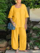 ZANZEA 2023 Ljetne trenirke sa širokim nogavicama Ležerne majice s četvrtastim izrezom i polurukavima Opuštene ženske kombinacije od 2 komada Plavi kompleti hlača