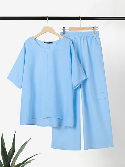ZANZEA 2023 Ljetne trenirke sa širokim nogavicama Ležerne majice s četvrtastim izrezom i polurukavima Opuštene ženske kombinacije od 2 komada Plavi kompleti hlača