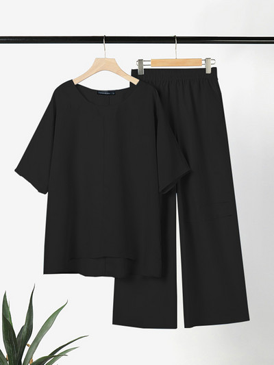 ZANZEA 2023 Ljetne trenirke sa širokim nogavicama Ležerne majice s četvrtastim izrezom i polurukavima Opuštene ženske kombinacije od 2 komada Plavi kompleti hlača