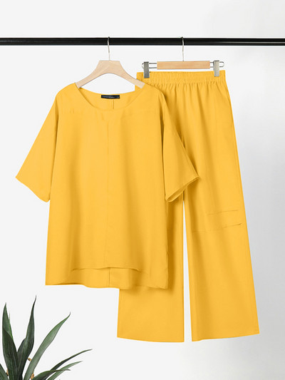 ZANZEA 2023 Ljetne trenirke sa širokim nogavicama Ležerne majice s četvrtastim izrezom i polurukavima Opuštene ženske kombinacije od 2 komada Plavi kompleti hlača