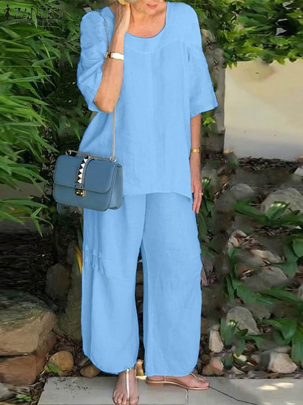 ZANZEA 2023 Ljetne trenirke sa širokim nogavicama Ležerne majice s četvrtastim izrezom i polurukavima Opuštene ženske kombinacije od 2 komada Plavi kompleti hlača